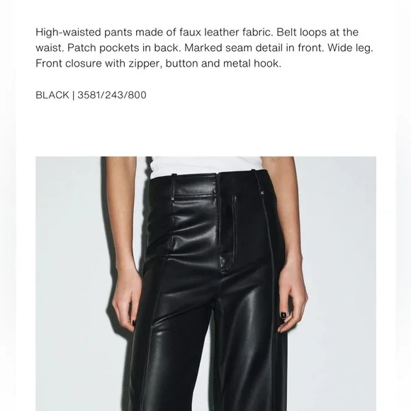 Zara NWT ZW Collection faux leather tailored pants black 3581/041 - Picture 4 of 11